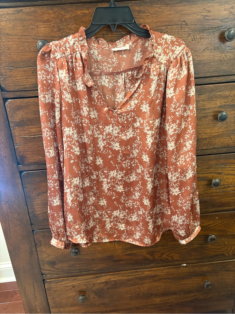 Lush Rusty Orange Floral V-Neck Blouse